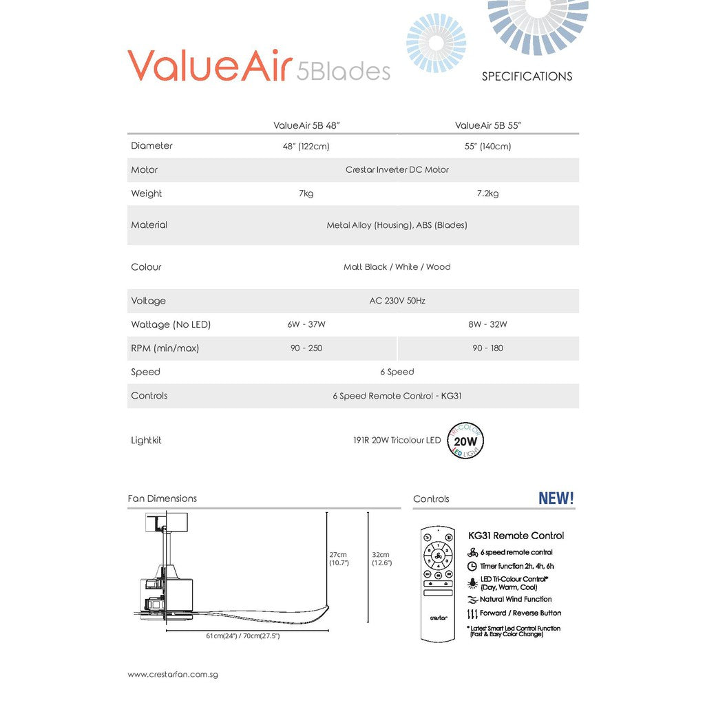 Crestar Value Air 5 Blades DC Ceiling Fan 48"/55" with LED Light & Remote Control