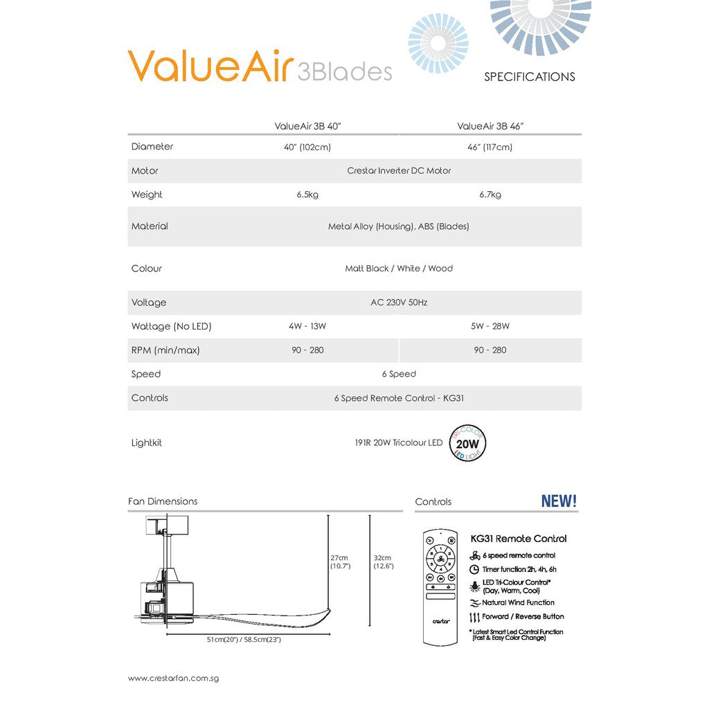 Crestar Value Air 3 Blades DC Ceiling Fan 40"/46" with LED Light & Remote Control