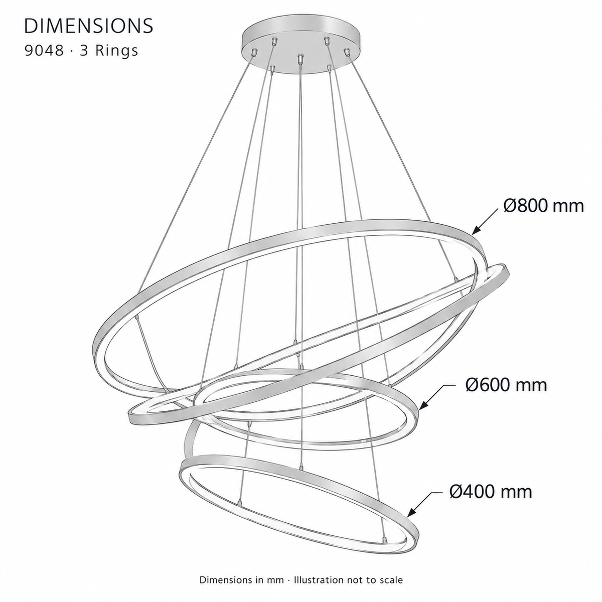9048 Three-Ring LED Pendant Light – dimensions in mm