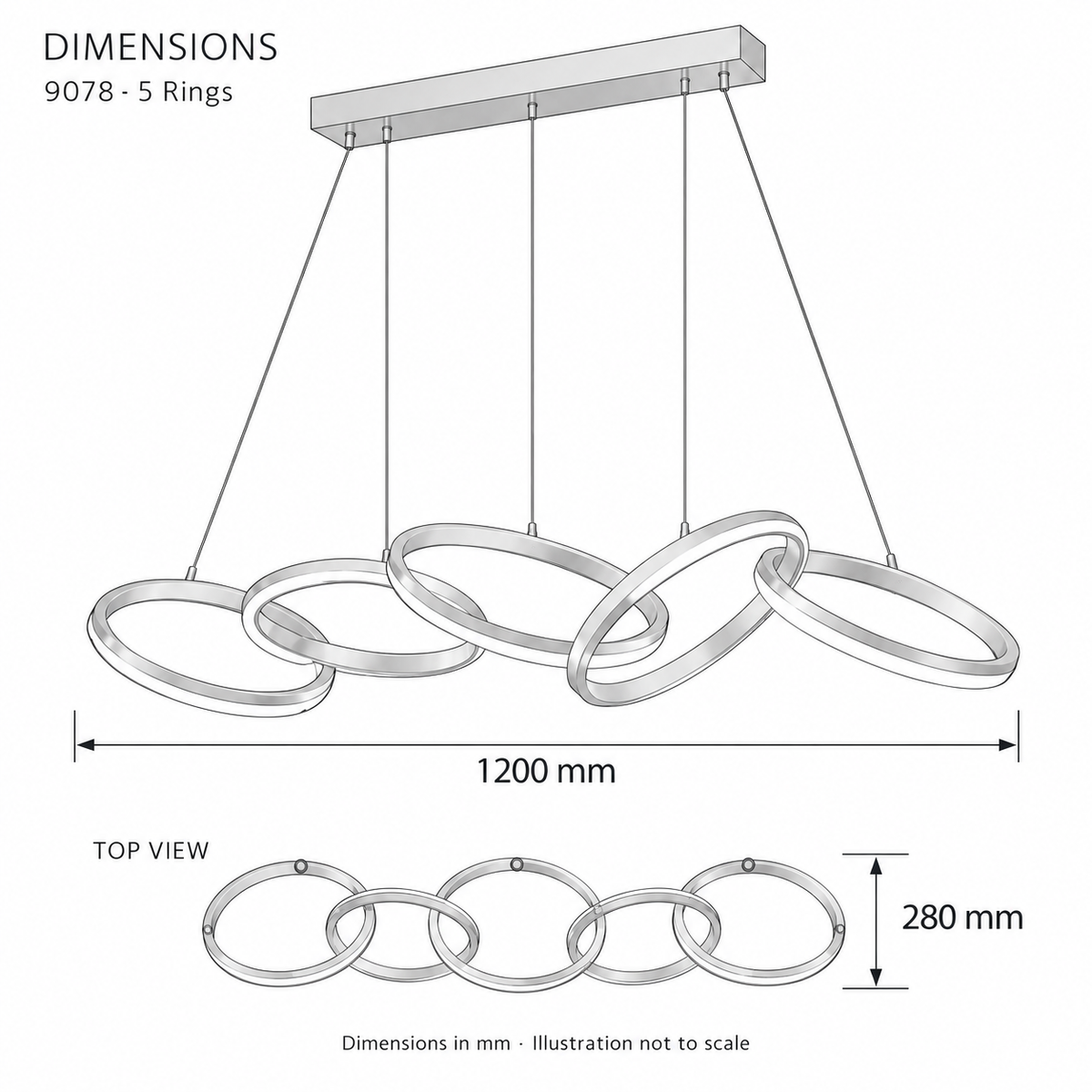 9078 Five-Ring LED Pendant Light – dimensions in mm