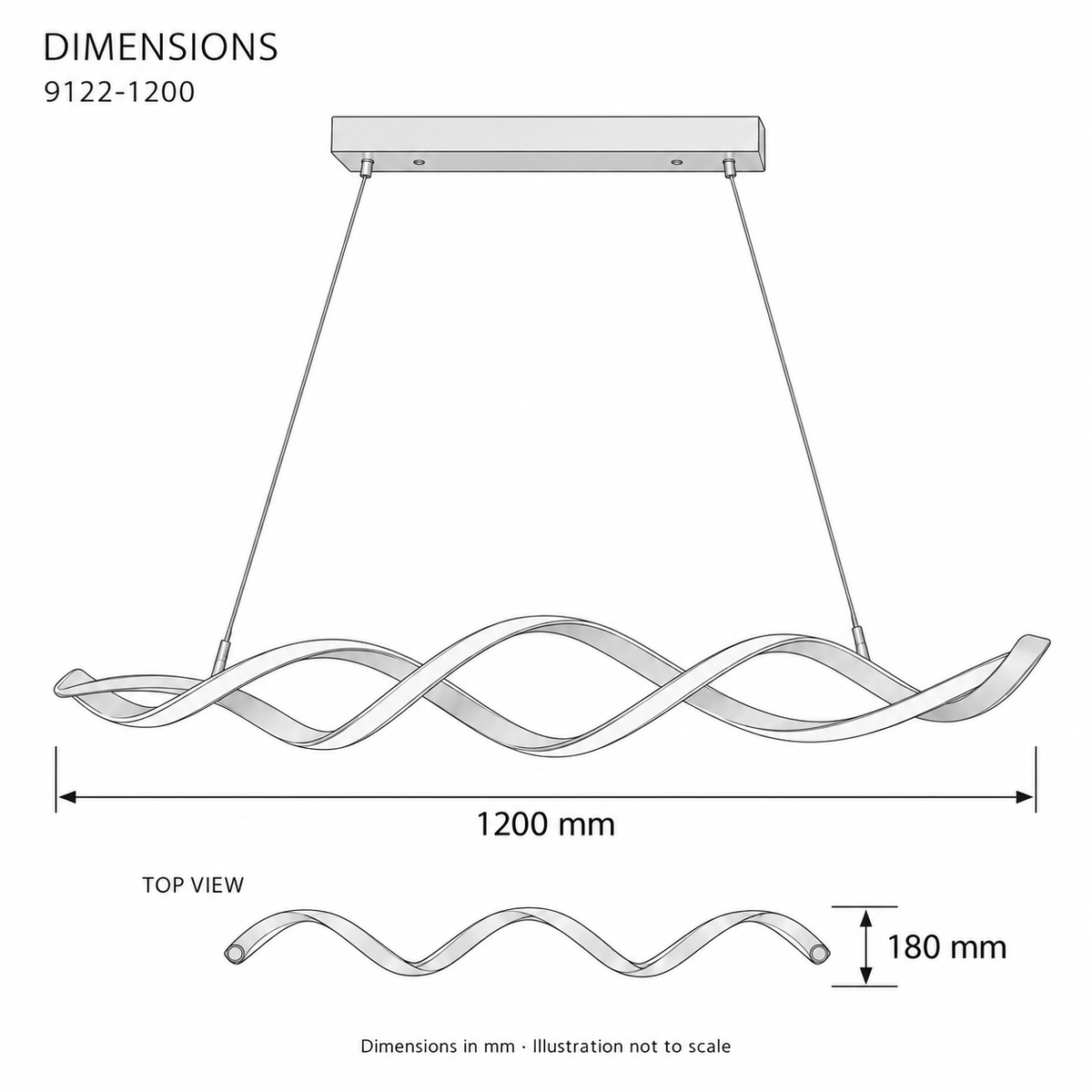 9122 Twisted Ribbon LED Pendant Light – dimensions in mm