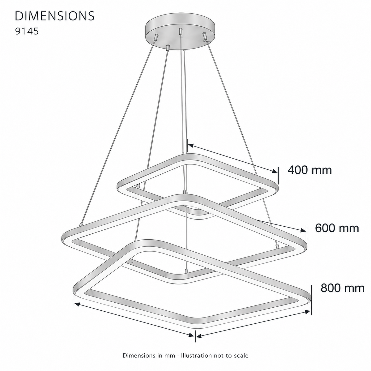 9145 Three-Frame LED Pendant Light – dimensions in mm