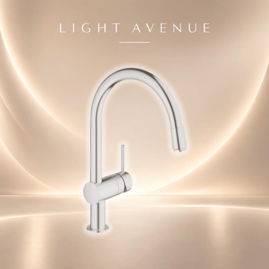 GROHE Minta C-Spout Super Steel Single Lever Kitchen Mixer with Swivel Spout and Pull-Out Spray – 32918DC0