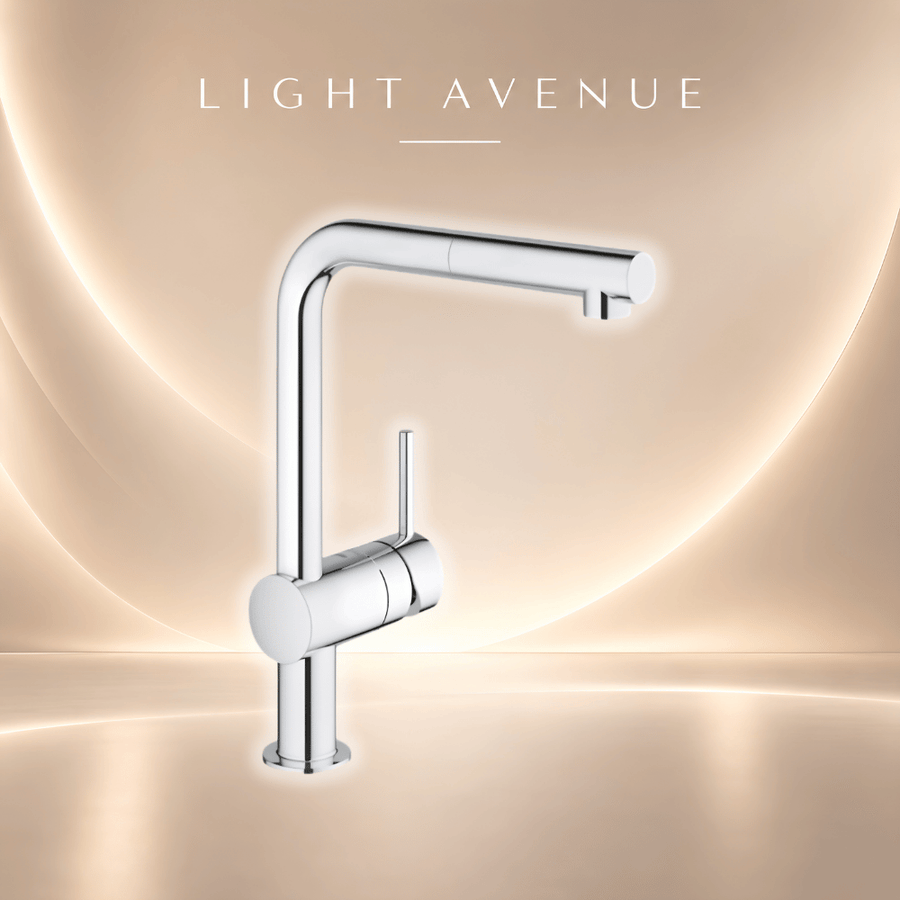 GROHE Minta L-Spout Chrome Single Lever Kitchen Mixer with Swivel Spout and Pull-Out Spray – 32168000