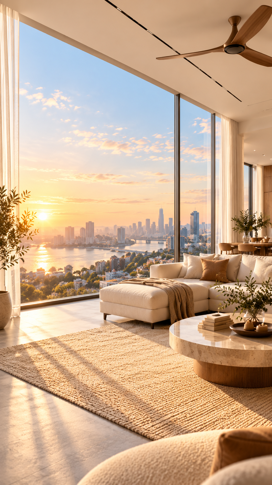 Warm premium home interior with lighting and ceiling fan