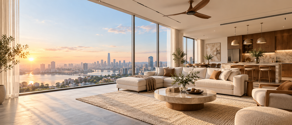 Warm premium home interior with lighting and ceiling fan