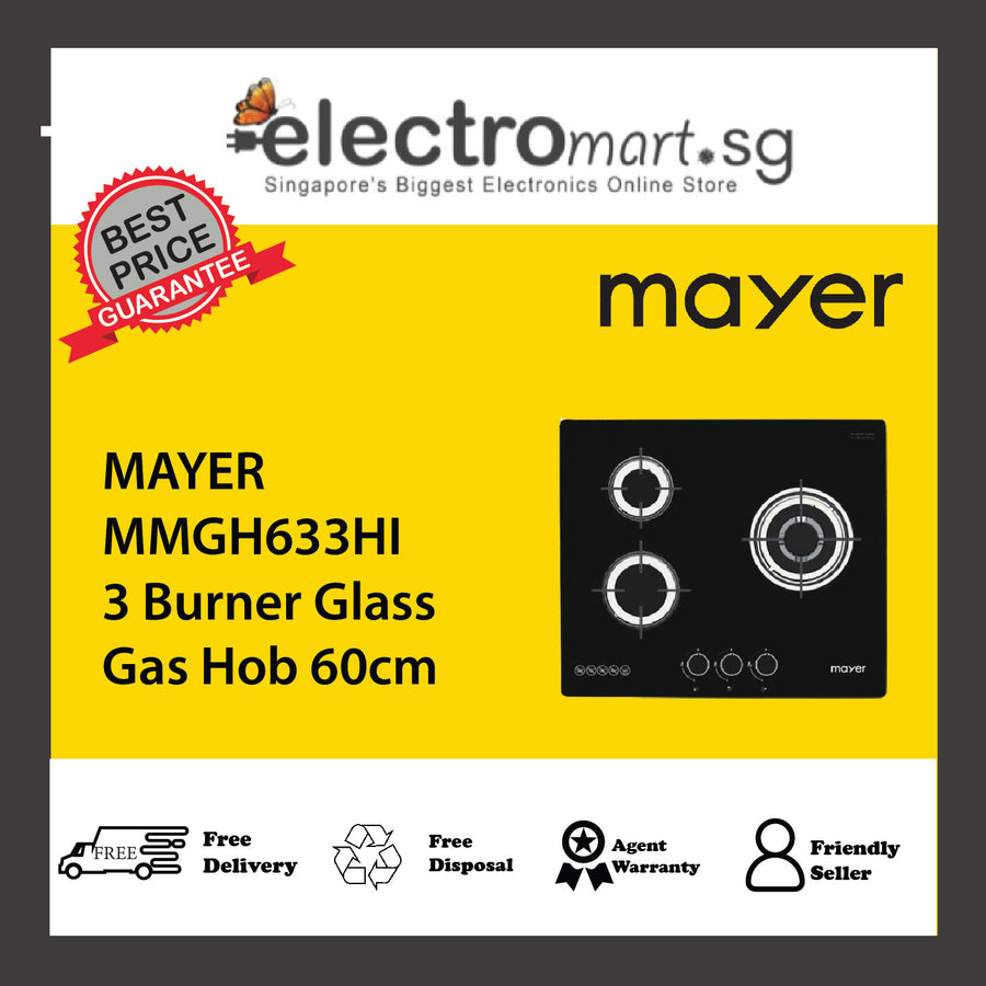 Mayer 60cm 3 Burner Glass Gas Hob MMGH633HI
