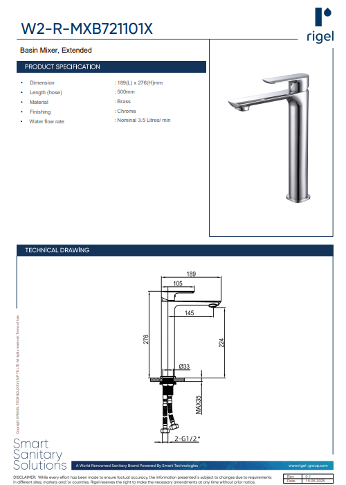 Rigel MXB721101X Extended Basin Mixer - Chrome