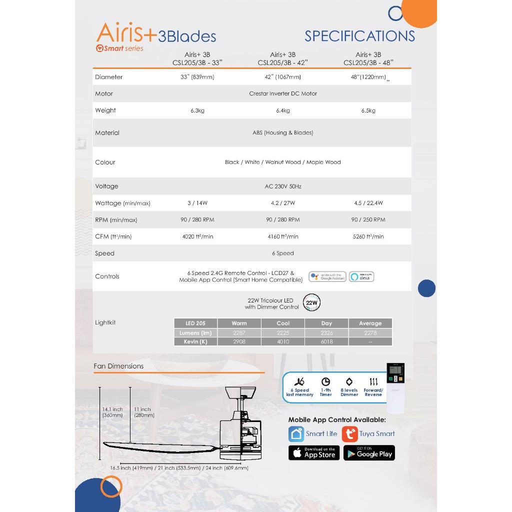 Crestar Airis+ Smart Ceiling Fan 3 Blade 33"/42"/48"