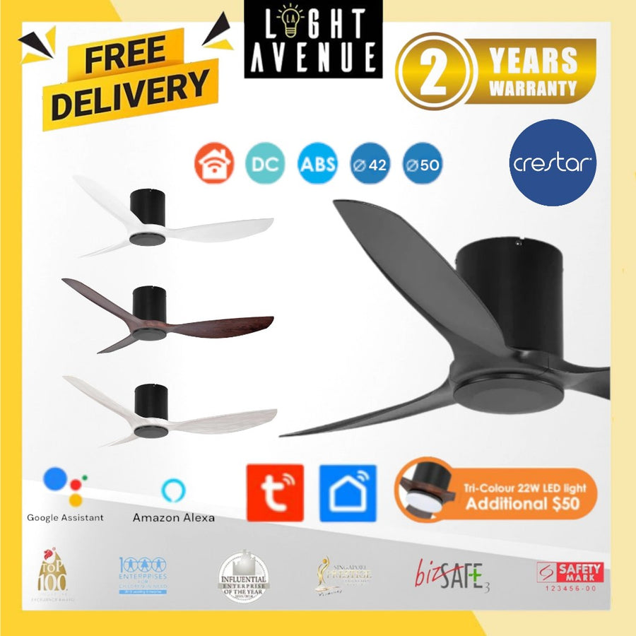 Crestar Hiro 3 Blade 42"/50" Smart Ceiling Fan With Optional LED (Black Housing)