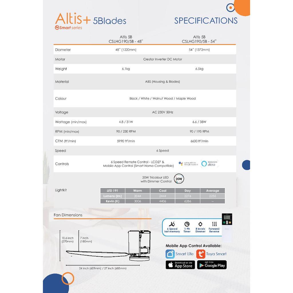 Crestar Altis 5 Blade Smart Ceiling Fan 48"/54"