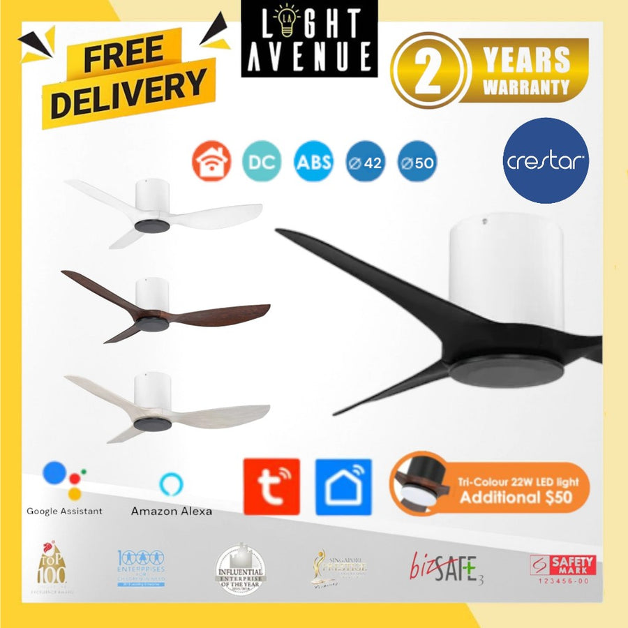 Crestar Hiro 3 Blade 42"/50" Smart Ceiling Fan With Optional LED (White Housing)