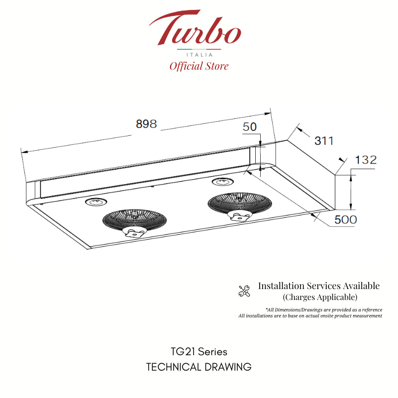 Turbo Italia TG21 Series 90cm Slim Hood Black/Stainless Steel
