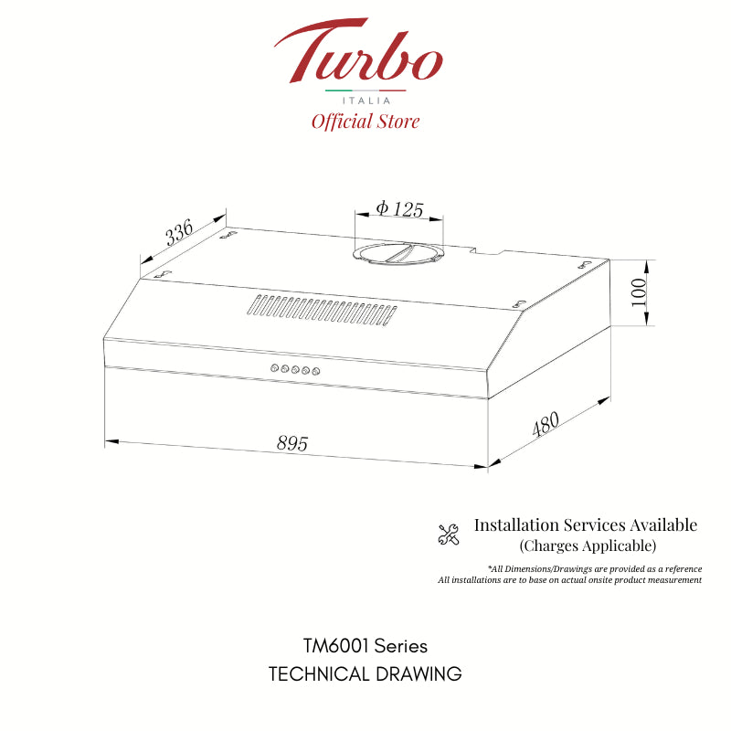 Turbo Italia TM6001 Series 90cm Slim Range Hood Black/Stainless Steel