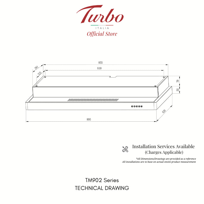 Turbo Italia – TM902 Series 90cm Slimline Hood Black/Stainless Steel