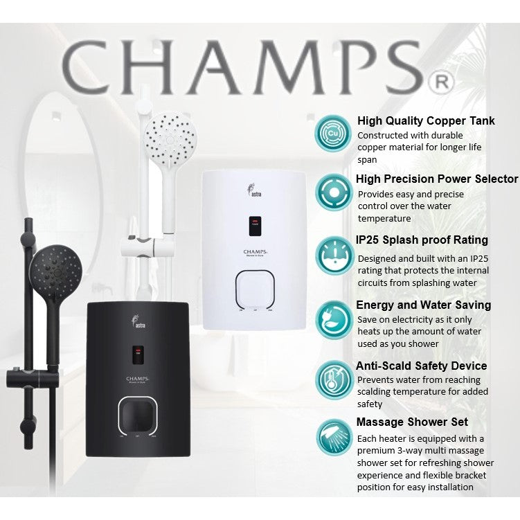 Champs Instant Water Heater - Astra with Hand Shower (Carbon Black+Carbon White)