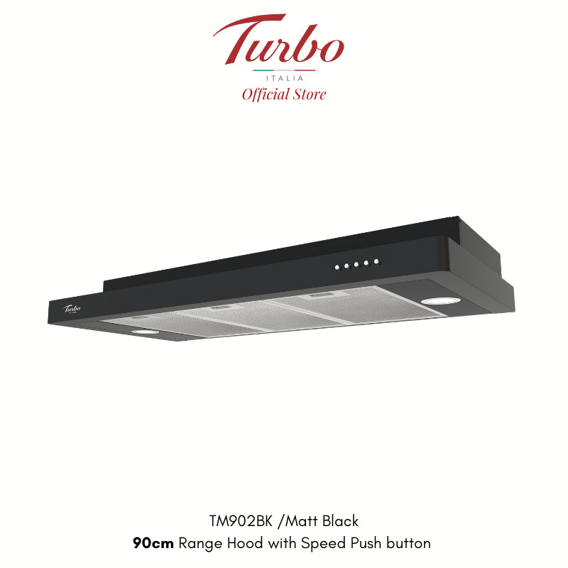 Turbo Italia – TM902 Series 90cm Slimline Hood Black/Stainless Steel