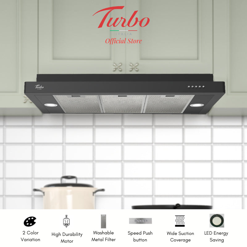 Turbo Italia – TM902 Series 90cm Slimline Hood Black/Stainless Steel
