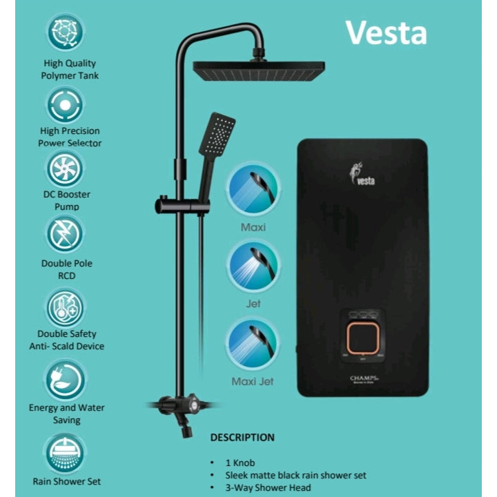 Champs Instant Water Heater - Vesta with Rain Shower Set
