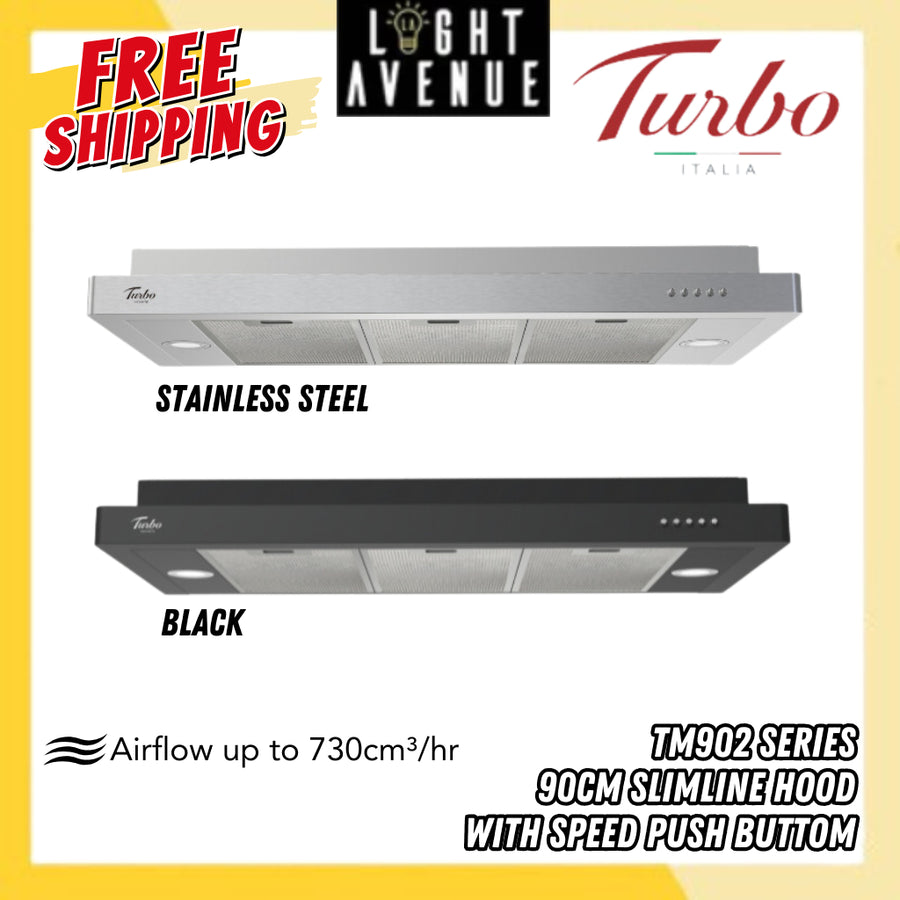 Turbo Italia – TM902 Series 90cm Slimline Hood Black/Stainless Steel