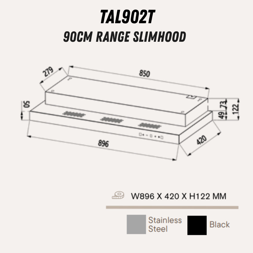 Turbo Incanto TAL902T-3 Series 90cm Range Slim Hood with 3 Speed Touch Control & Hand Wave Control