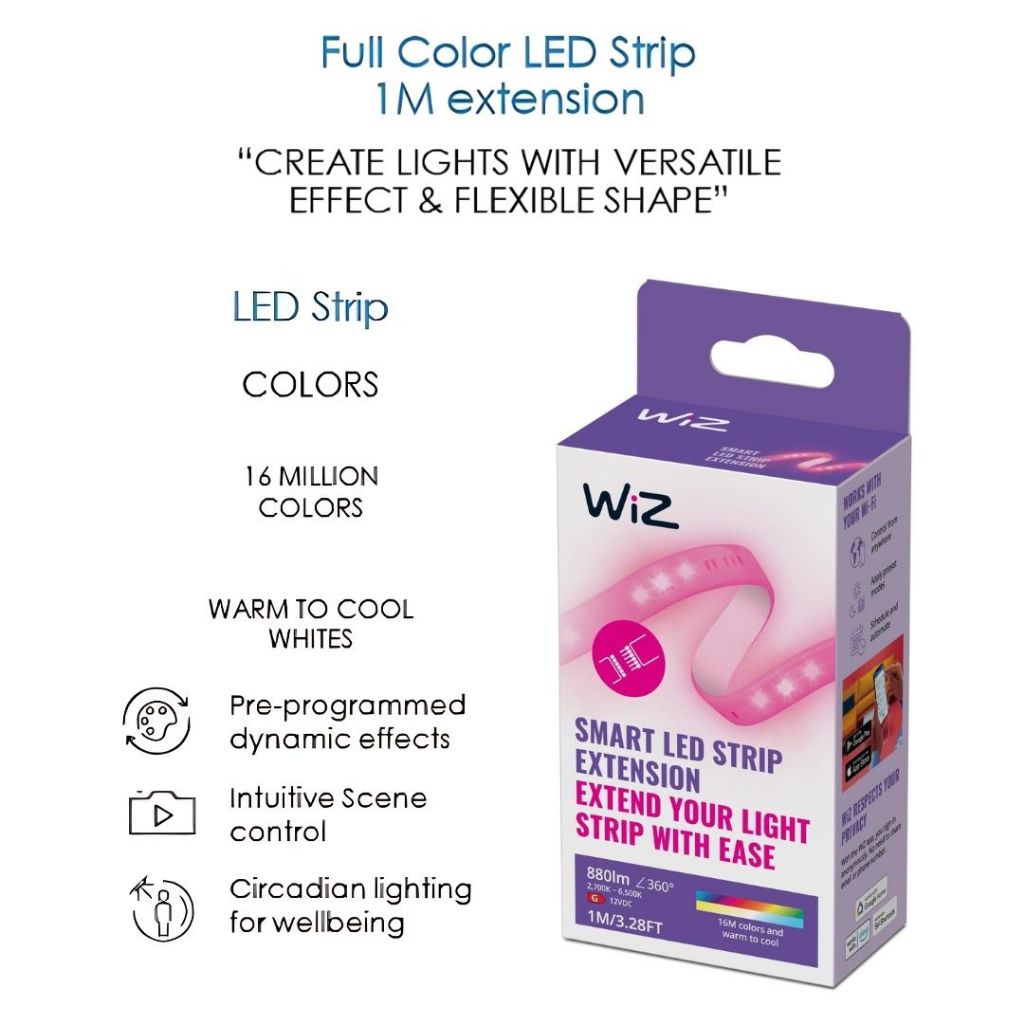 WiZ Smart WiFi RGB LED Strip Light 1m Extension 20W 2700k-6500k + RGB
