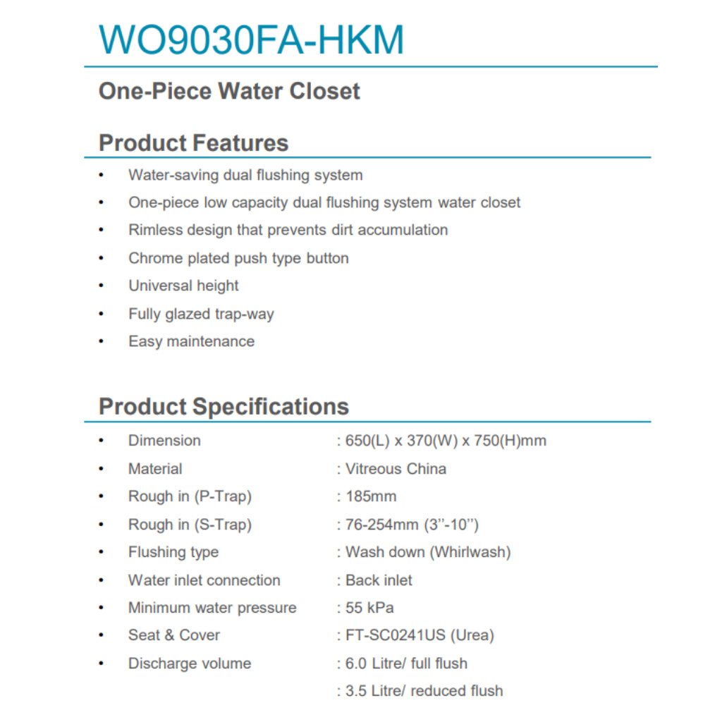 Rigel WO9030FA-HKM One Piece Water Closet