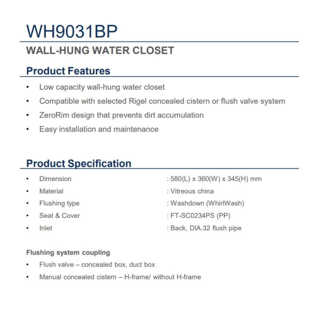 Rigel Wall-hung Water Closet Set WH9031BP
