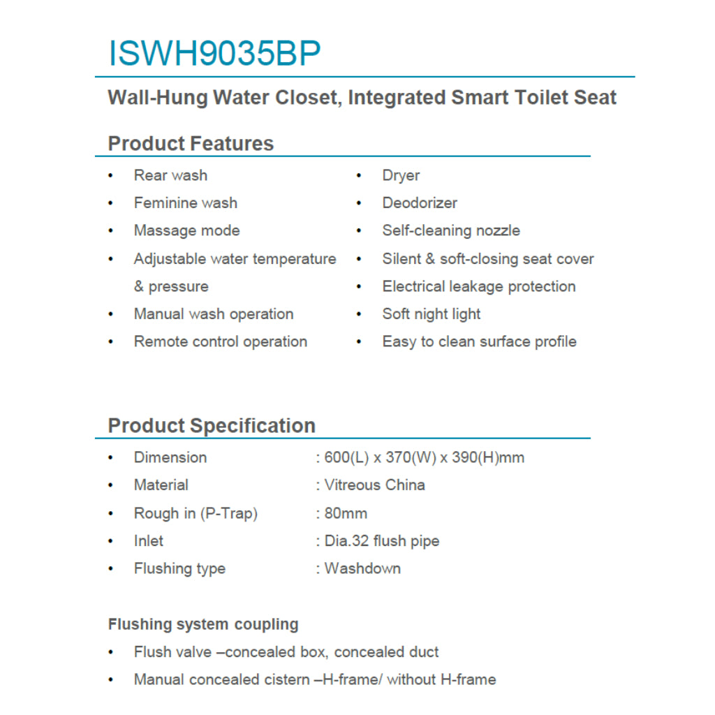 Rigel Wall-Hung Water Closet Integrated Smart Toilet Seat ISWH9035BP