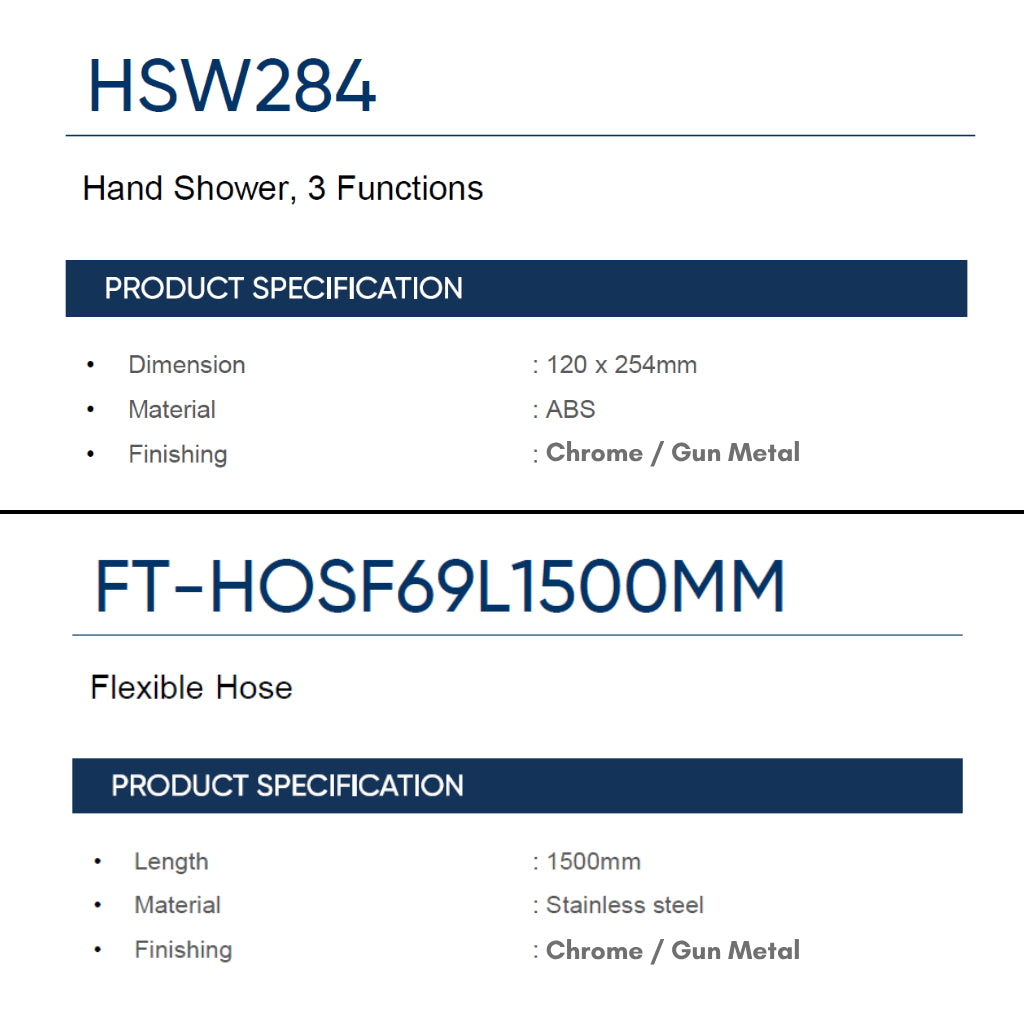 Rigel Hand Shower 3 Functions with Flexible Hose HSW284+FT-HOSF69L