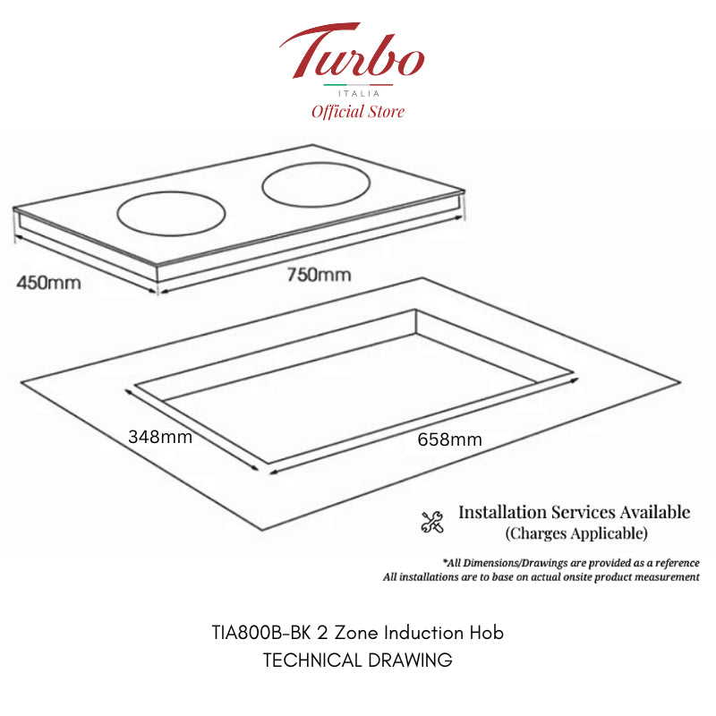 Turbo Italia TIA800B 75cm 2 Zones Induction Hob with Touch Control