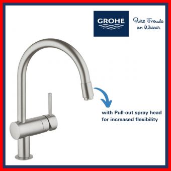 Grohe 32 918 DC0 Minta C-Spout Super Steel Single lever Kitchen Mixer with Swivel Spout and Pull-out spray