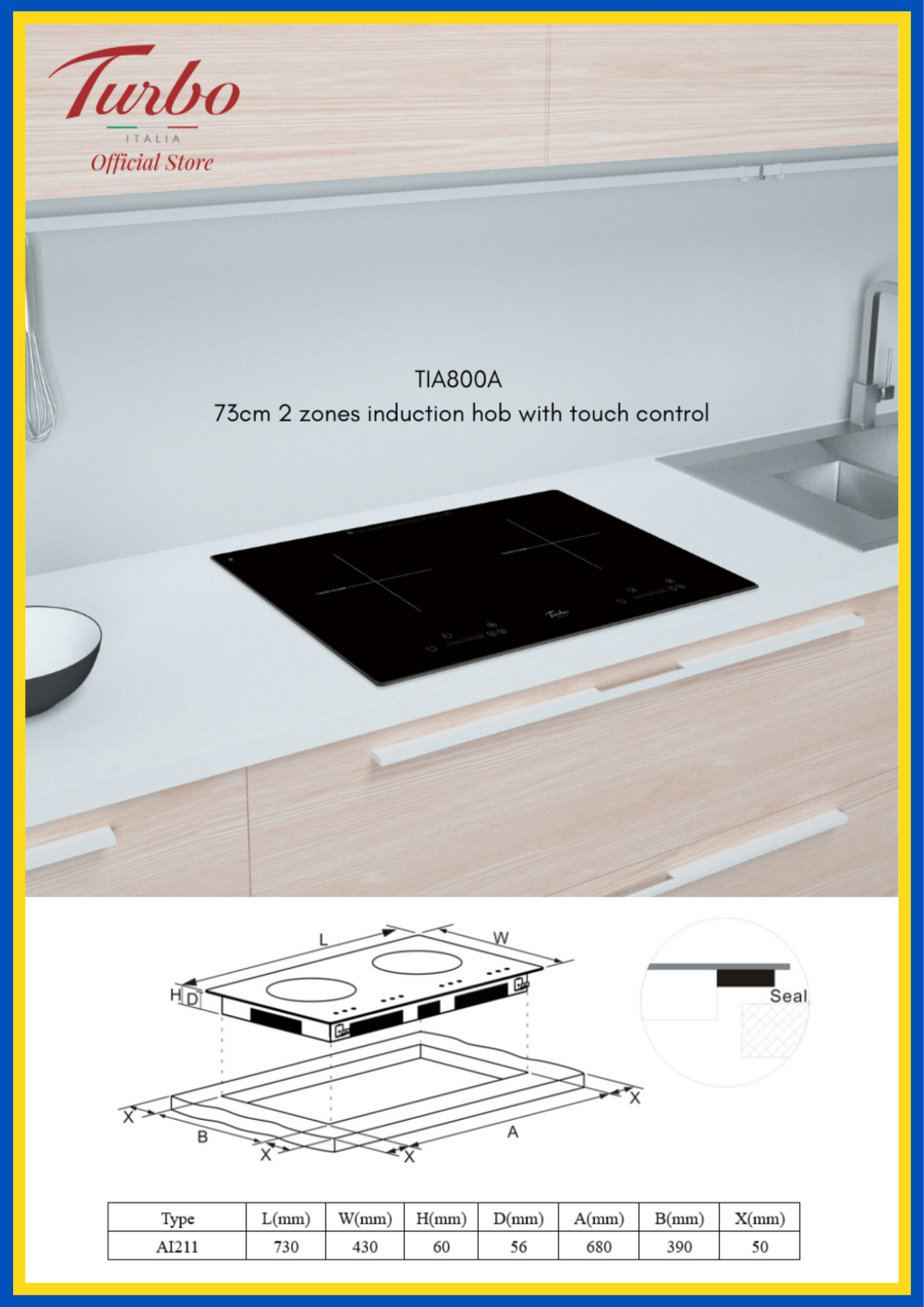 Turbo Incanto TIA800A 73cm 2 Zones Induction Hob With Touch Control