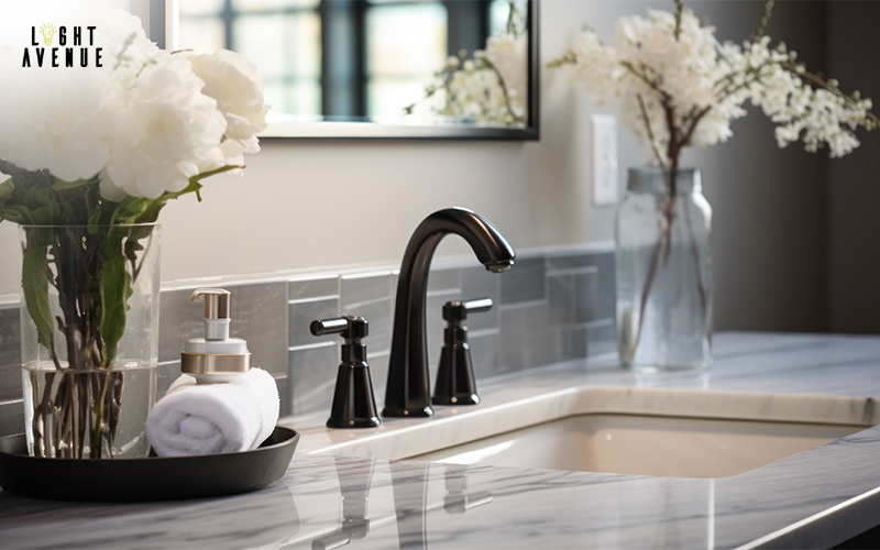 Quartz countertop with towel and flower decoration